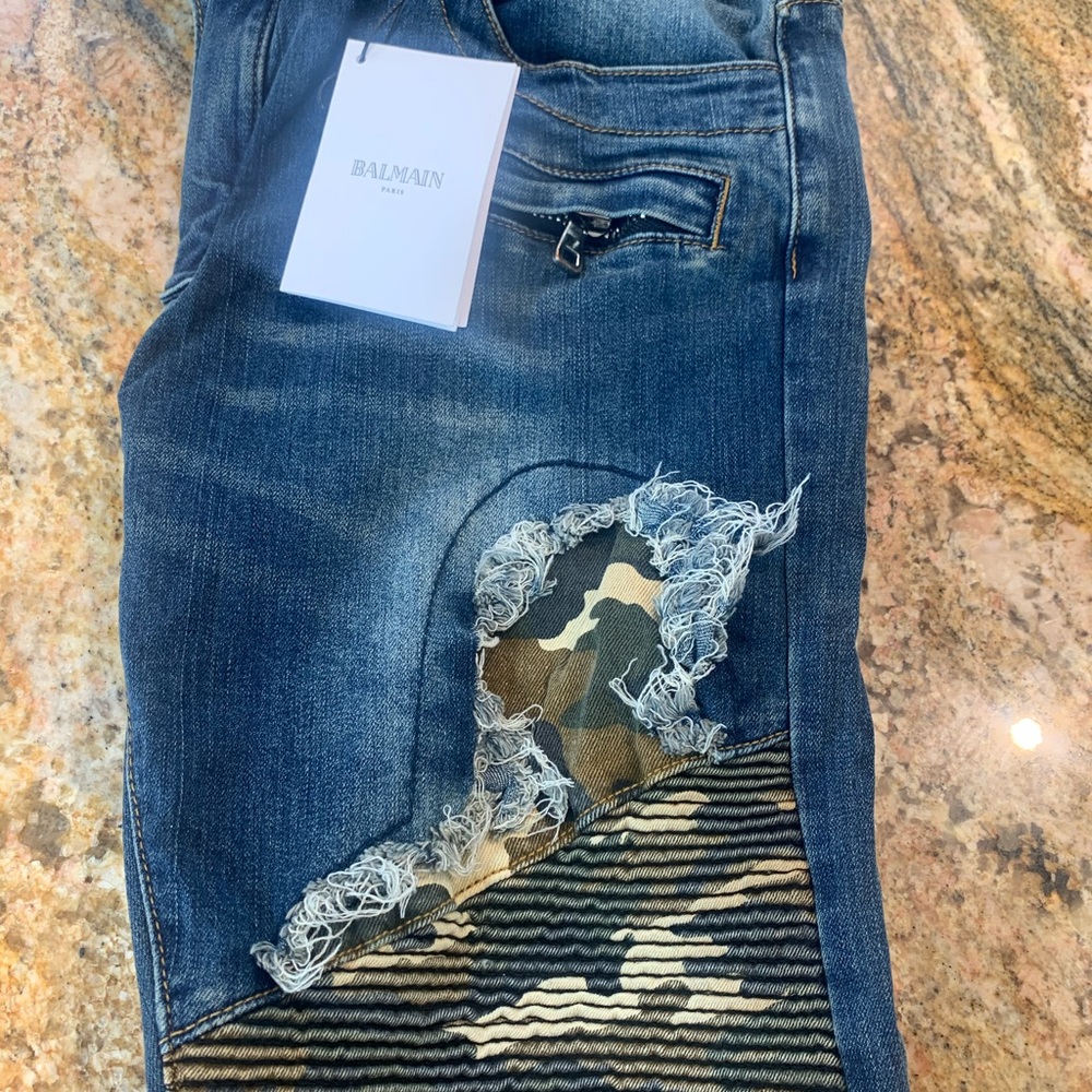 Balmain Paris Jeans with Camo Rips. Size 34 Waist
